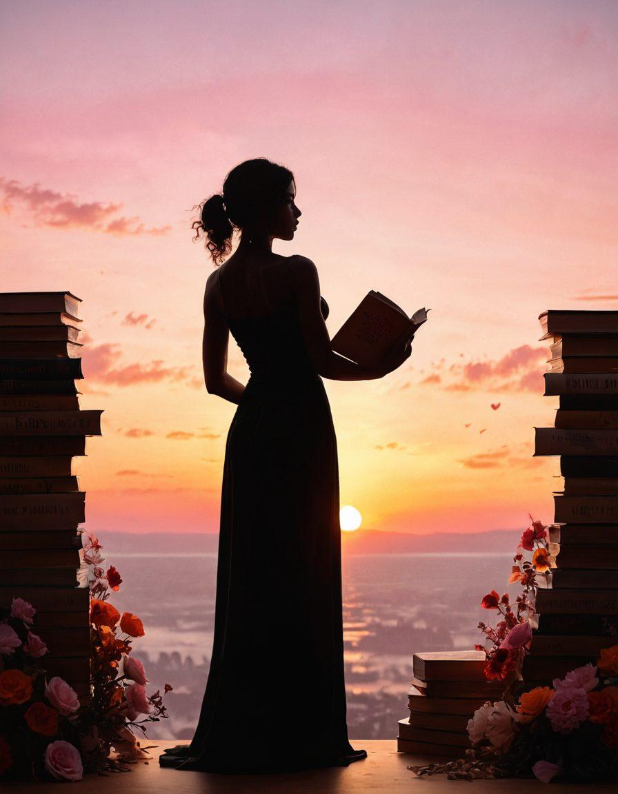 A powerful silhouette of a woman standing tall against a sunset, surrounded by symbols of empowerment such as open books, hearts, and flowers. The scene radiates strength and femininity, embodying bravery and sexuality. The color palette should include warm oranges and soft pinks to evoke a sense of hope and inspiration. super-realistic. vibrant colors. dramatic lighting.