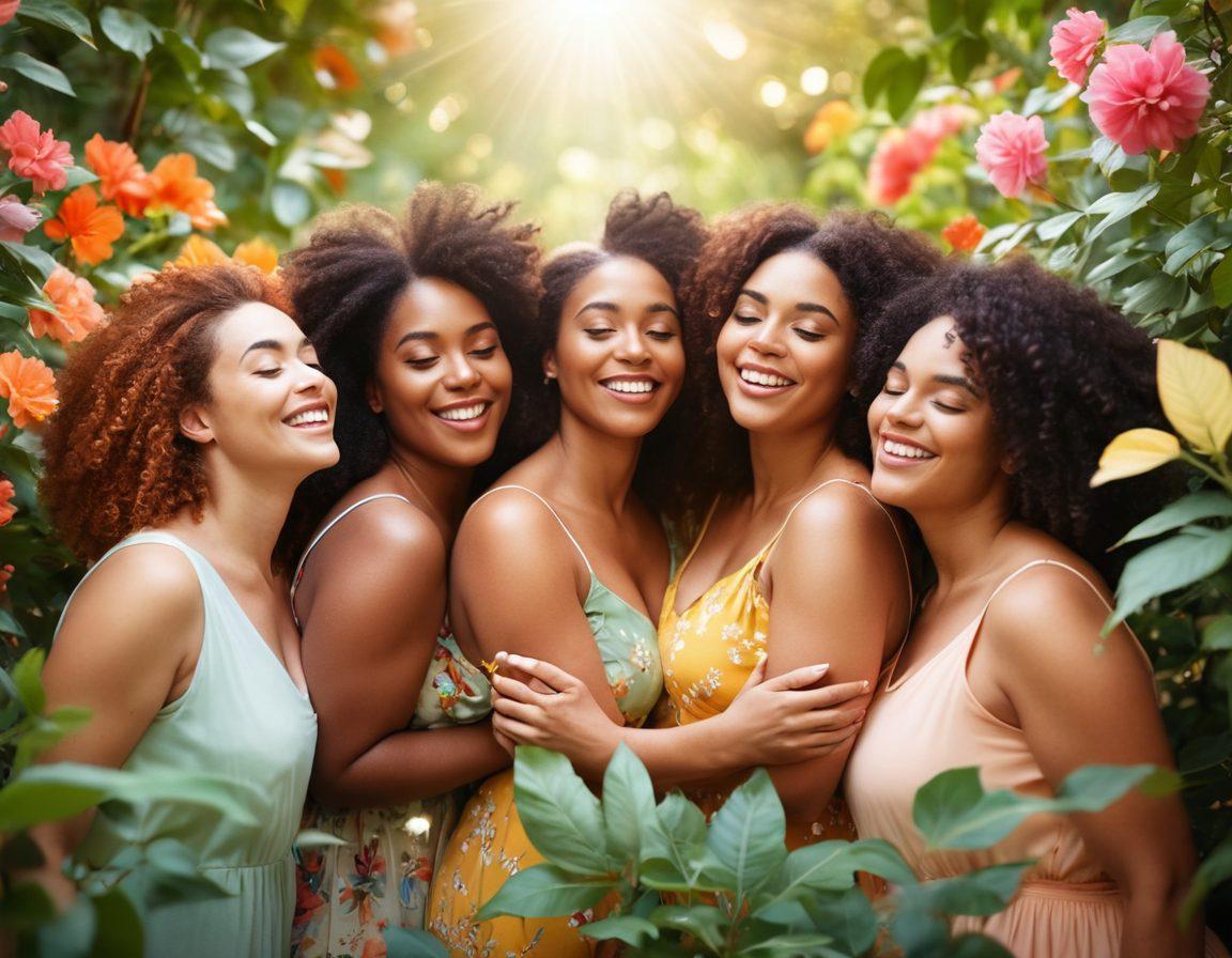 A diverse group of confident women celebrating their bodies, each embracing their unique shapes and sizes, surrounded by vibrant flowers symbolizing growth and strength. They are sharing personal stories, with joyful expressions and open body language. The background is a soft pastel gradient that evokes warmth and positivity. Include subtle elements of nature, like butterflies and sunlight filtering through leaves. vibrant colors. soft focus.
