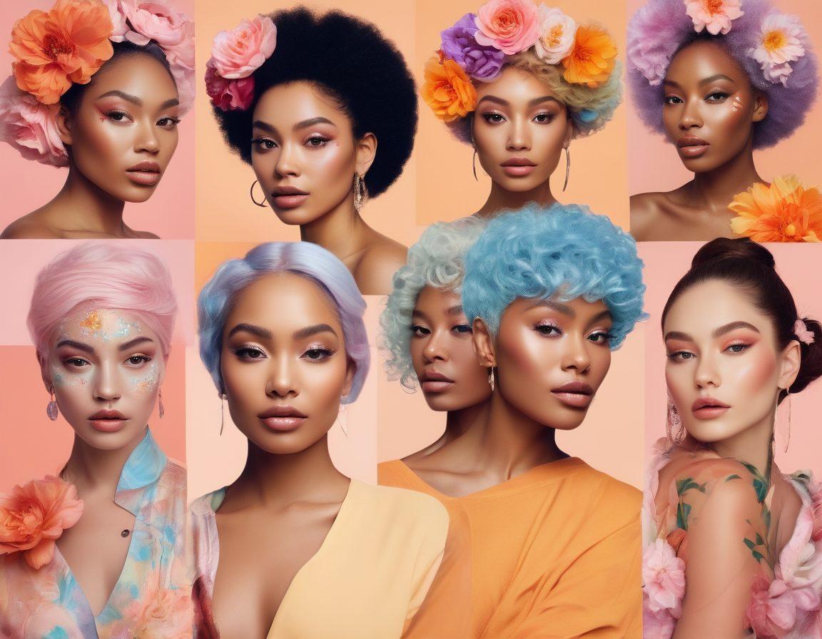 A collage of diverse women of various ethnicities and ages, each revealing their unique forms of beauty through self-expression, such as vibrant body art, stylish fashion, and intimate poses. The background should be a soft pastel gradient, symbolizing warmth and inclusivity, with delicate floral elements integrated throughout to emphasize femininity and personal growth. super-realistic. vibrant colors. soft pastel background.